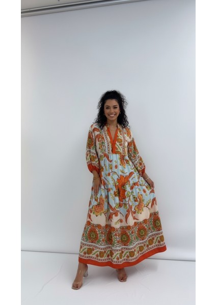 Büyük Beden Çiçek Desenli Uzun Kol Elbise fiyatları