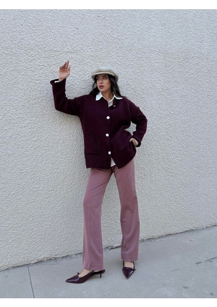Kadın Bordo Oversize Taşlı Düğmeli Cepli Uzun Hırka 38 fiyatları