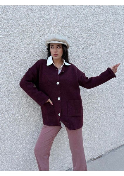 Kadın Bordo Oversize Taşlı Düğmeli Cepli Uzun Hırka 38 modelleri