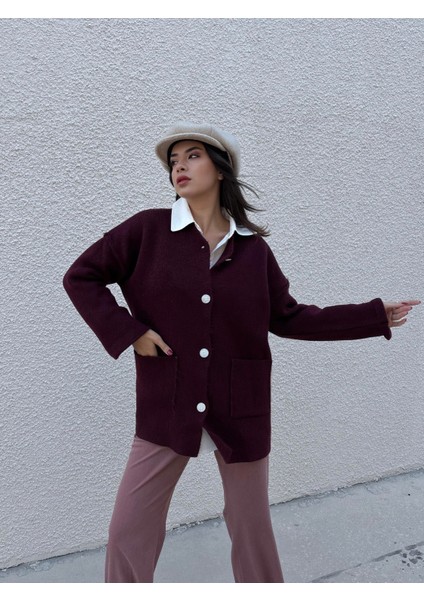 Kadın Bordo Oversize Taşlı Düğmeli Cepli Uzun Hırka 38 indirimleri