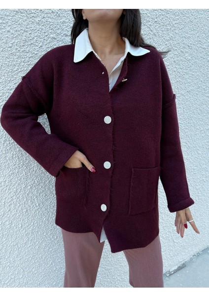 Kadın Bordo Oversize Taşlı Düğmeli Cepli Uzun Hırka 38