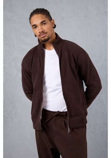 Ron Selanik Örme Içi Peluş Çift Fermuarlı Dik Yaka Erkek Hırka Sweatshirt - Kahve