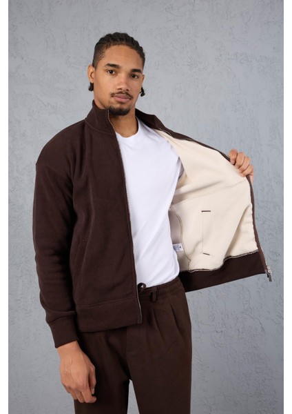 Ron Selanik Örme Içi Peluş Çift Fermuarlı Dik Yaka Erkek Hırka Sweatshirt - Kahve fiyatları