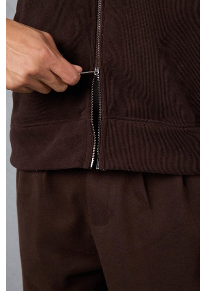 Ron Selanik Örme Içi Peluş Çift Fermuarlı Dik Yaka Erkek Hırka Sweatshirt - Kahve modelleri