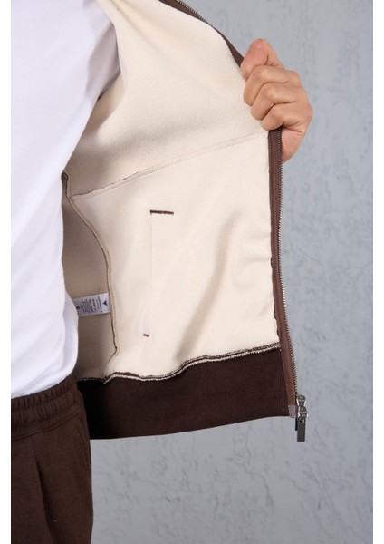 Ron Selanik Örme Içi Peluş Çift Fermuarlı Dik Yaka Erkek Hırka Sweatshirt - Kahve fırsatları