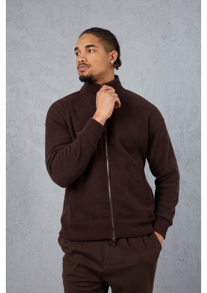 Ron Selanik Örme Içi Peluş Çift Fermuarlı Dik Yaka Erkek Hırka Sweatshirt - Kahve indirimleri