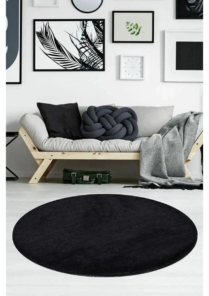 Siyah Yuvarlak Kaymaz Taban Halı Yıkanabilir Dekoratif Peluş Halı