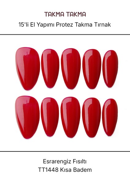 10'lu Kırmızı Uzun Badem TT1448 Tekrar Kullanılabilir El Yapımı Protez Takma Tırnak - Kırmızı-M