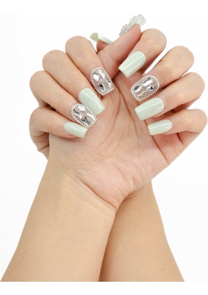 10'lu Yeşil Orta Kare TT1047 Tekrar Kullanılabilir El Yapımı Protez Takma Tırnak - Yeşil-S modelleri