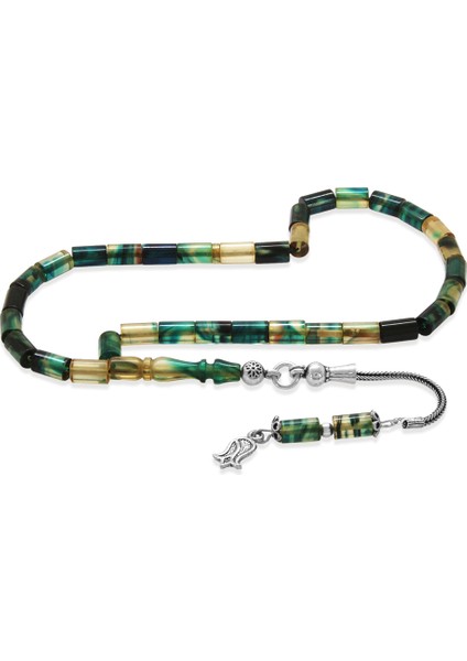 Ateş Kehribar Tesbih - 925 Ayar Gümüş Püsküllü - Mini Boy - Mavi Beyaz Renk - Kesme Kesim