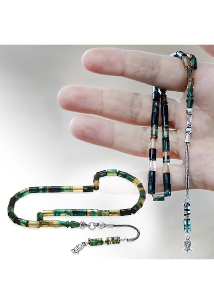 Ateş Kehribar Tesbih - 925 Ayar Gümüş Püsküllü - Mini Boy - Mavi Beyaz Renk - Kesme Kesim fiyatları