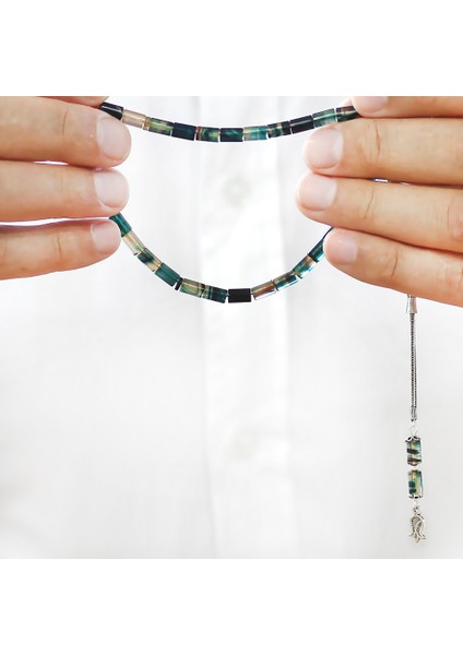 Ateş Kehribar Tesbih - 925 Ayar Gümüş Püsküllü - Mini Boy - Mavi Beyaz Renk - Kesme Kesim modelleri