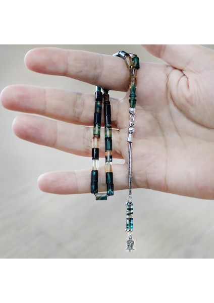 Ateş Kehribar Tesbih - 925 Ayar Gümüş Püsküllü - Mini Boy - Mavi Beyaz Renk - Kesme Kesim fırsatları