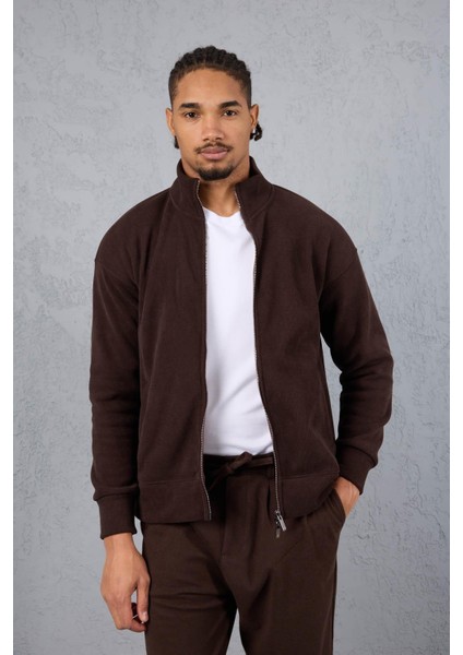 Ron Selanik Örme Içi Peluş Çift Fermuarlı Dik Yaka Erkek Hırka Sweatshirt - Kahve