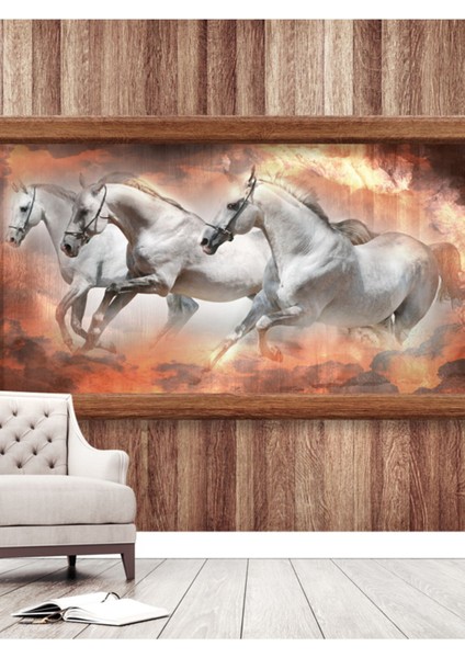 Ahşap Tablo Atlar Desenli Isı ve Ses Yalıtımlı Sağlıklı Tekstil Duvar Kağıdı