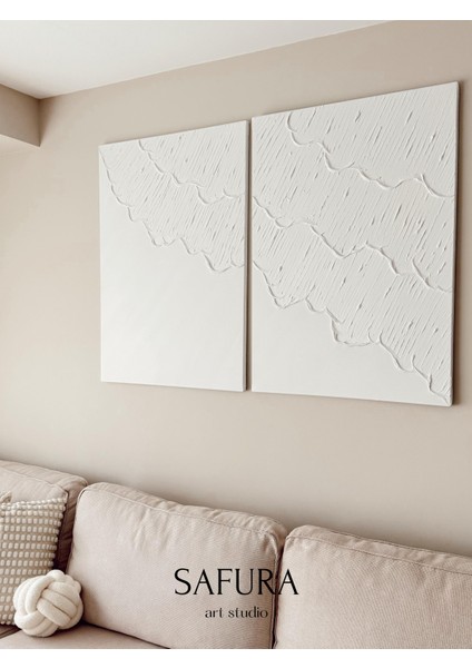 Dokulu Tablo – El Yapımı 3 Boyutlu Alçı Minimalist Dekor, Modern Iskandinav Duvar Sanatı (Dalga No:1 Beyaz)