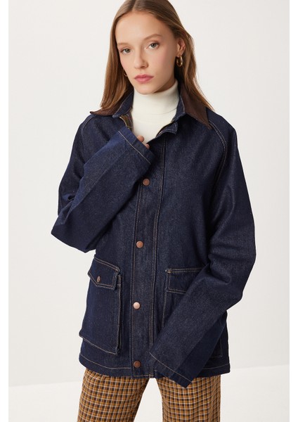 Kadife Yaka Uzun Denim Ceket LRI0025 Koyu Mavi fiyatları