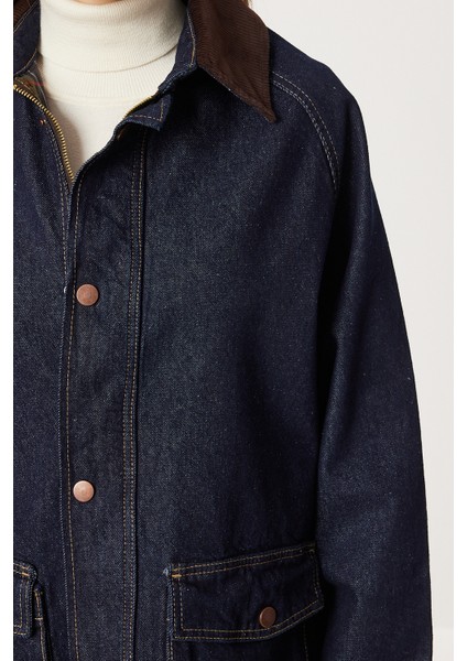 Kadife Yaka Uzun Denim Ceket LRI0025 Koyu Mavi fırsatları