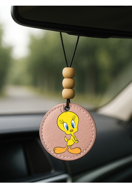Tasarım Deri Süslemeli Desenli Tematik Dikiz Araç Aynası Süsü Açık Pembe - TWEETY28555