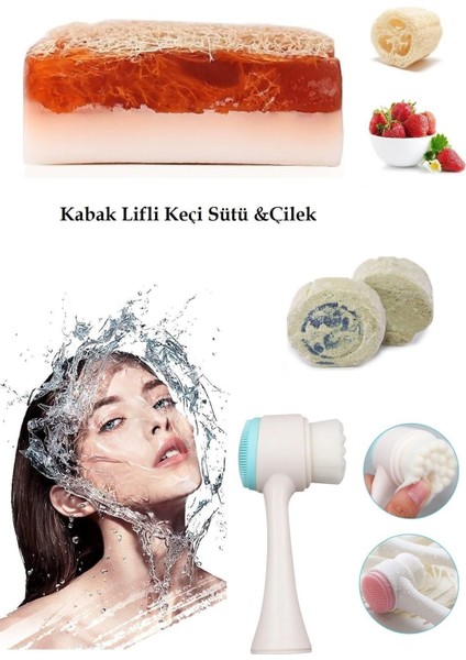 3lü Yaşlanma Karşıtı Bakım Peeling Keçi Sütlü&Sabun Çilek Leke,Kararma Ruşur Taşı Slikon Yüz Fırçası