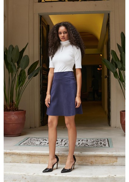 Hafif Likralı Süet Kumaş Yüksek Bel Diz Üstü Kısa Kiloş Etek-Lacivert