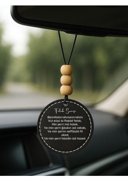 Özel Tasarım Deri Baskılı Desenli Araba Dikiz Aynası Süsü Siyah - Felak Suresi