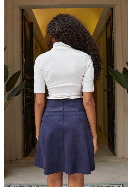 Hafif Likralı Süet Kumaş Yüksek Bel Diz Üstü Kısa Kiloş Etek-Lacivert modelleri