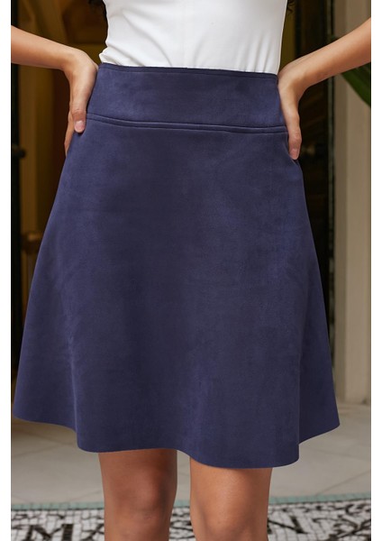 Hafif Likralı Süet Kumaş Yüksek Bel Diz Üstü Kısa Kiloş Etek-Lacivert indirimleri