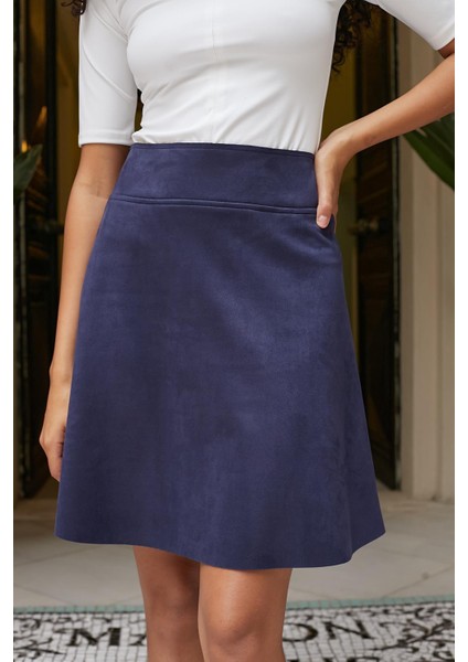 Hafif Likralı Süet Kumaş Yüksek Bel Diz Üstü Kısa Kiloş Etek-Lacivert
