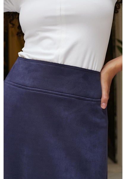 Hafif Likralı Süet Kumaş Yüksek Bel Diz Üstü Kısa Kiloş Etek-Lacivert