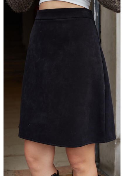 Kadın Hafif Likralı Nubuk Kumaş Diz Boy Çan Etek-Siyah