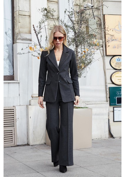 Kadın Kalın Esnek Kumaş Yan Cepli Bol Paça Yüksek Bel Rahat Kesim Palazzo Pantolon-Antrasit