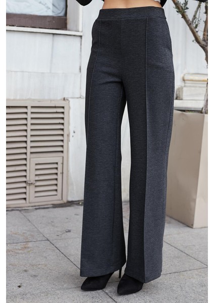 Kadın Kalın Esnek Kumaş Yan Cepli Bol Paça Yüksek Bel Rahat Kesim Palazzo Pantolon-Antrasit modelleri