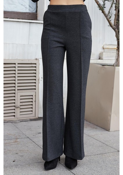 Kadın Kalın Esnek Kumaş Yan Cepli Bol Paça Yüksek Bel Rahat Kesim Palazzo Pantolon-Antrasit
