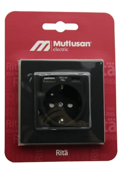 Mutlusan RİTA-2220 629 0284 Blisterli - Kartlı Siyah - USB + Type-C &amp;apos; Li Topraklı Priz Çerçeveli (5324)