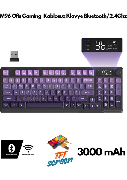 M96 Ofis Klavye Bluetooth/2.4g Kablosuz Oyuncu Klavye Işıklı USB Type-C Kablolu Şarjlı