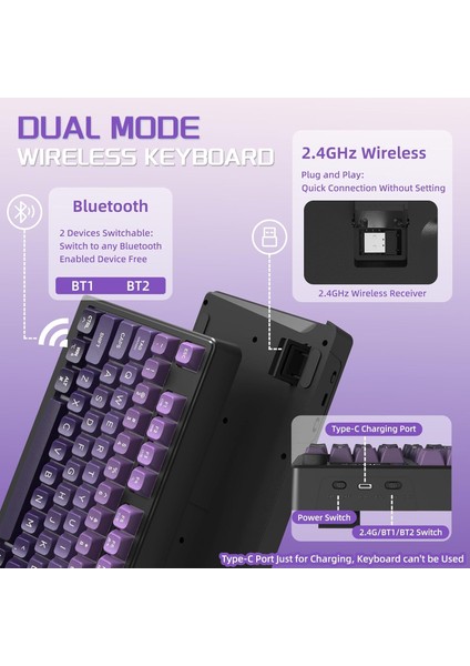 M96 Ofis Klavye Bluetooth/2.4g Kablosuz Oyuncu Klavye Işıklı USB Type-C Kablolu Şarjlı