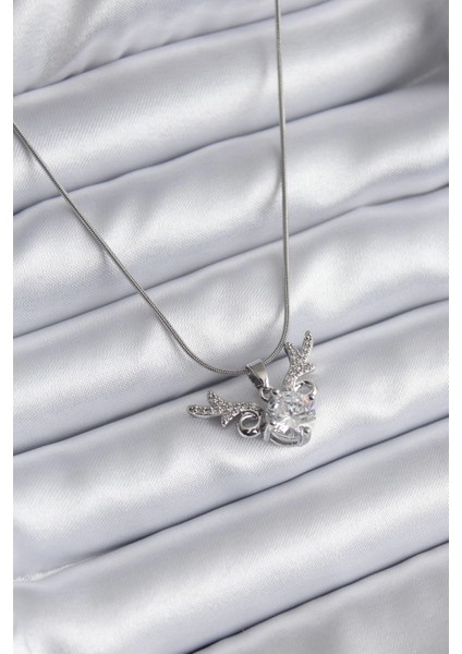 Bfs 316L Çelik Gümüş Renk Zirkon Taşlı Boynuz Model Kadın Kolye