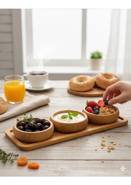3'lü Doğal Bambu Sunum Seti | Kahvaltılık, Çerezlik, Atıştırmalık Servis Tepsisi ve 3 Kase