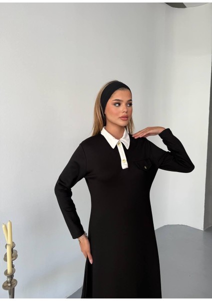 Kadın Gold Çıt Çıt Detaylı Polo Yaka Ingiliz Model Modal Kumaş Midi Boy Elbise fiyatları