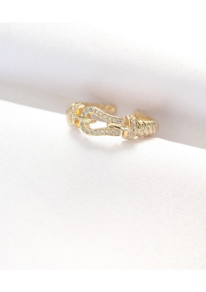 Bfs Kemer Tokası Tasarımlı Gold Renk Zirkon Taşlı Ayarlanabilir Yüzük