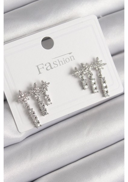 Bfs Pirinç Gümüş Renk Zirkon Taşlı 3'lü Sallantı Yıldız Model Kadın Küpe