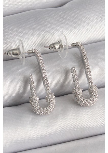 Bfs Pirinç Gümüş Renk Zirkon Taşlı Çengelli Iğne Model Kadın Küpe