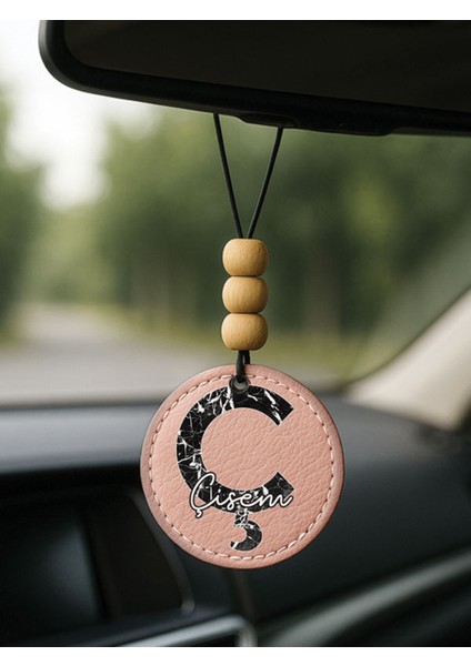 Kişiye Özel Isim Yazılı 1.sınıf Deri Ahşap Dekorlu Dikiz Aynası Süsü Pudra Pembe - Ç Harfi