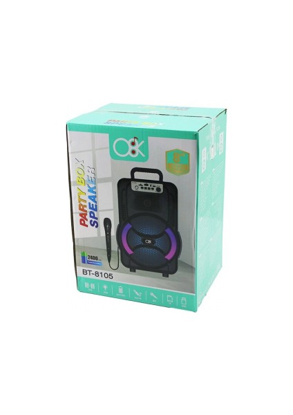 8 Inç Speaker Mikrofonlu Işıklı Hoparlör 2400MAH Bluetooth USB - Aux - Tf - Bluetooht - Dc 5V BT-8105 (5324)