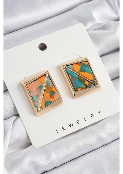 Bfs Pirinç Turuncu Yeşil Üçgen Kesim Detaylı Kare Model Vintage Gold Renk Kadın Küpe