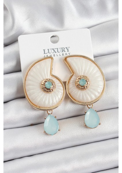 Bfs Pirinç Sedef Deniz Kabuğu Figürlü Zirkon Taşlı Gold Renk Kadın Küpe