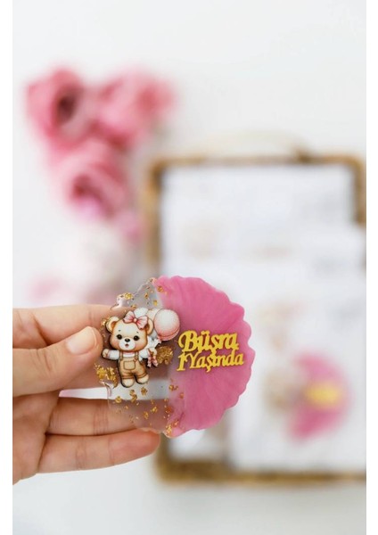 Pembe Balon ve Ayıcık Figürlü Kişiye Özel Kız Çocuk Doğum Günü Epoksi Magnet 20ADET