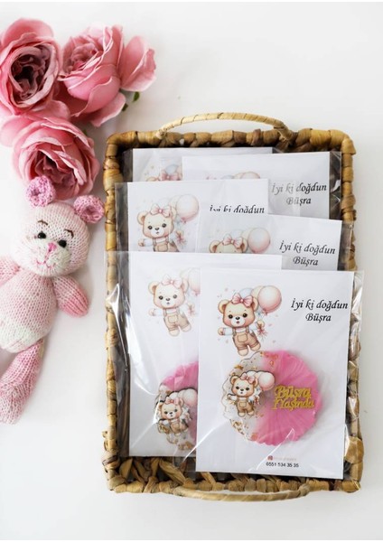 Pembe Balon ve Ayıcık Figürlü Kişiye Özel Kız Çocuk Doğum Günü Epoksi Magnet 20ADET fiyatları