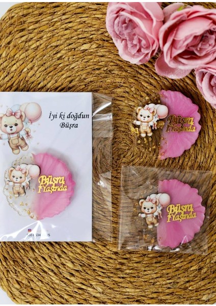 Pembe Balon ve Ayıcık Figürlü Kişiye Özel Kız Çocuk Doğum Günü Epoksi Magnet 20ADET modelleri